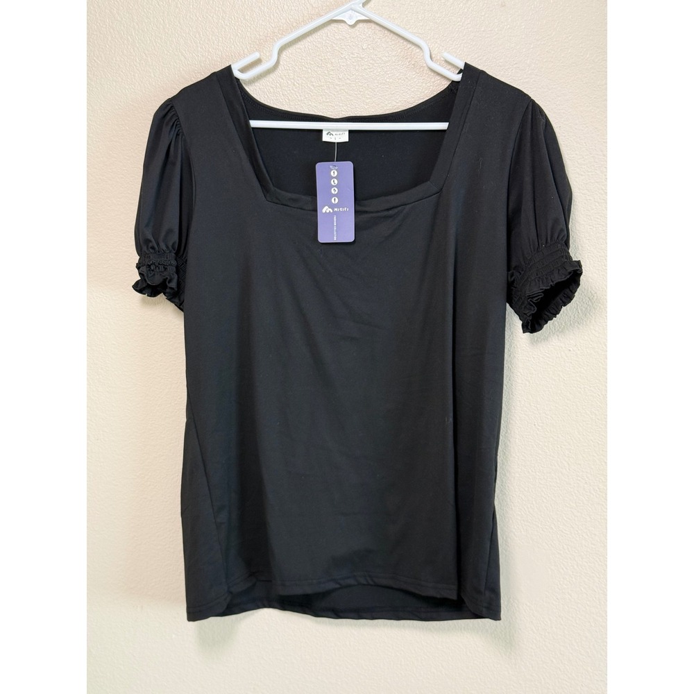 Misifi Womens Black Square Neck Puff Sleeve Smocked Ruffle Cuff Top Large NWT